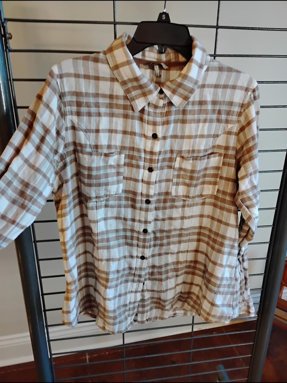 BKE Men's Cream and Brown Plaid Button-Down Shirt